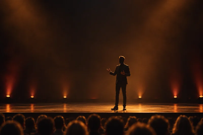 Illustrative keynote event: a speaker on a warmly lit stage, seen from the audience.